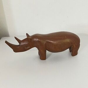 Hand Carved Wood Rhino‎ Figurine - Vintage Wooden Rhinoceros Decor